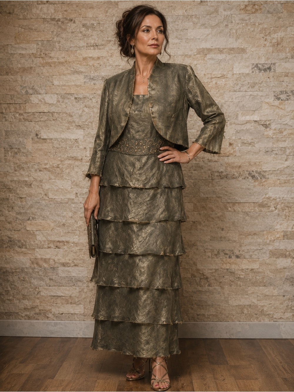 David's Bridal Olive Green Tiered Maxi Dress with Matching Bolero size XL